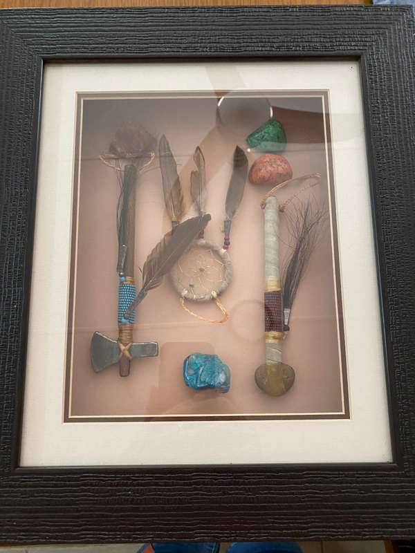 American Navajo Indian mementos in shadow box
